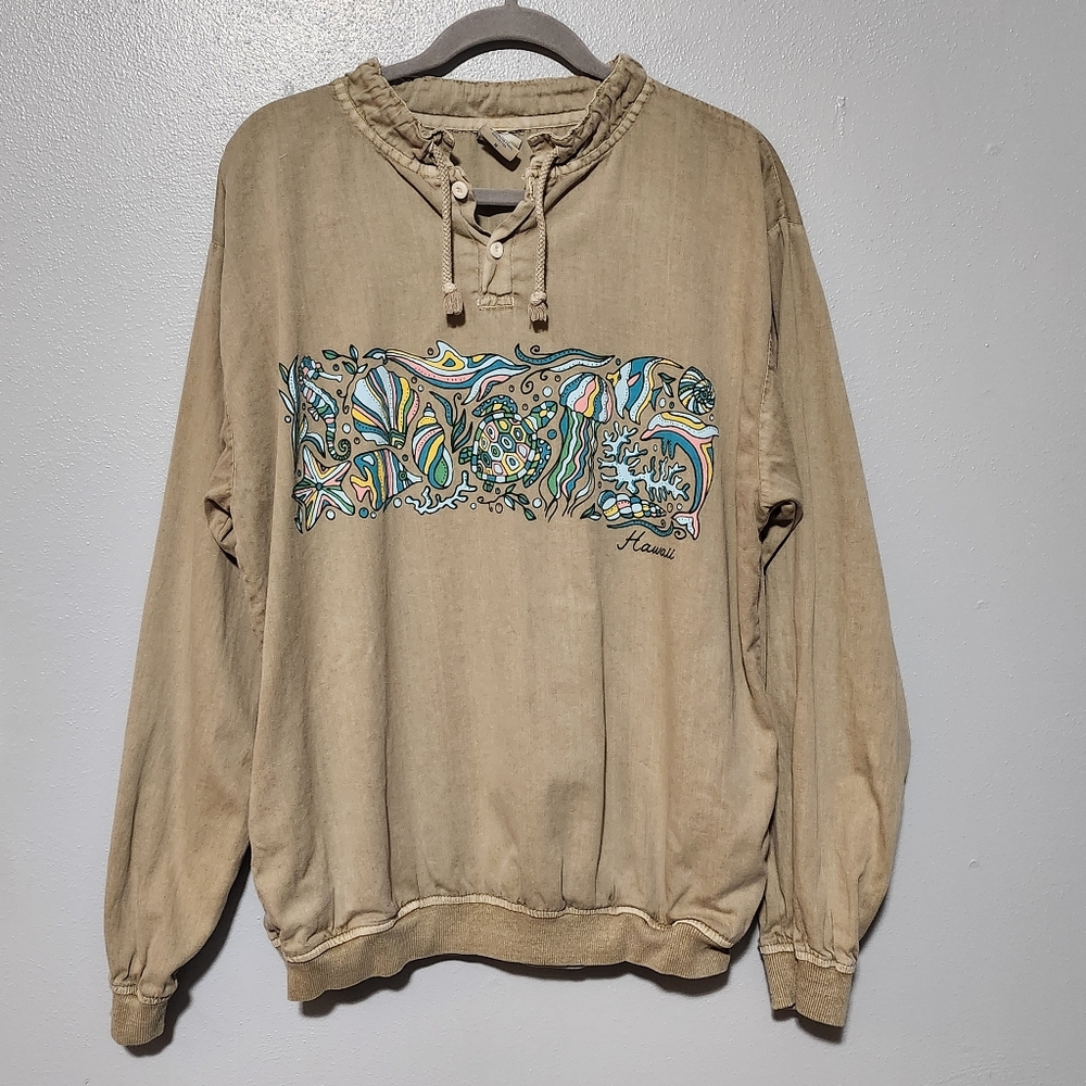 CRAZY SHIRTS Hoodie Mens Medium Tan Blue Graphic Hawaii Surf Vintage - Picture 2 of 7